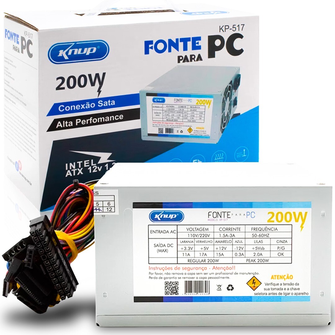 Fonte ATX 200w 24 Pinos Bivolt Manual Knup - KP-517 Alta Performance